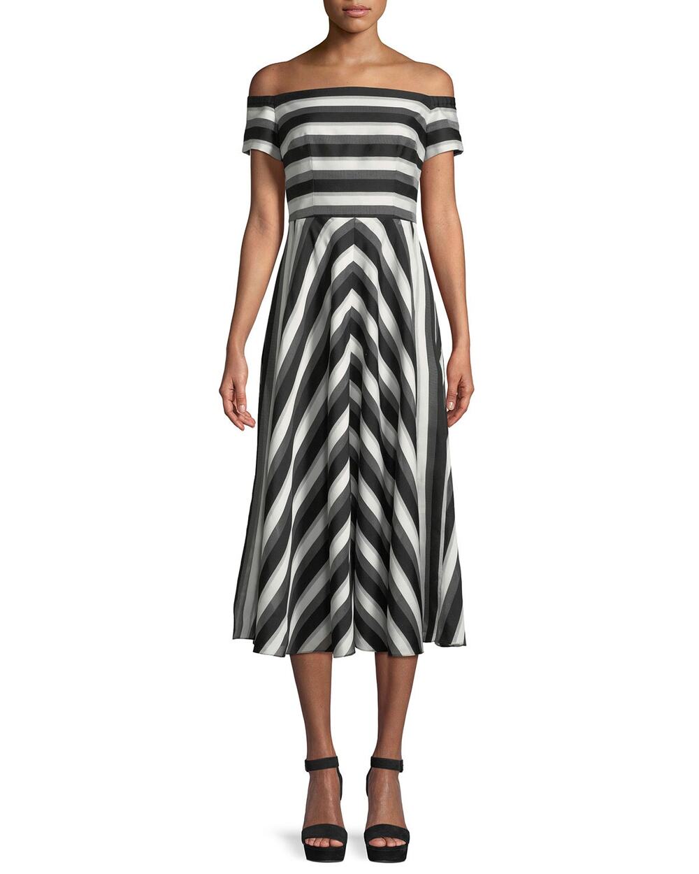 Lela Rose Black White Striped Organza Off Shoulder Midi Dress Women’s 2